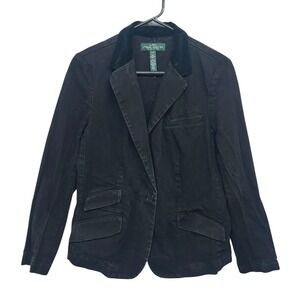 Ralph Lauren Black Denim Jacket Blazer Large Velvet Collar Stretch Preppy